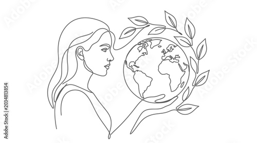 Woman Holding Globe, Line Art Illustration, Environmental Protection Concept