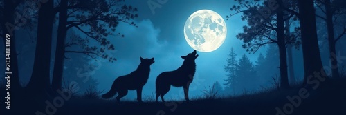 Howling wolf pack silhouetted against a full moon in a dark forest , moon, howling