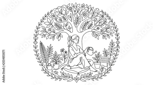 Woman Watering Plants Under a Tree Inside a Floral Circle