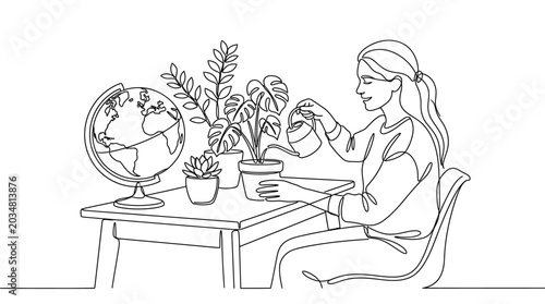 Woman waters plants, world globe sketch, line art illustration