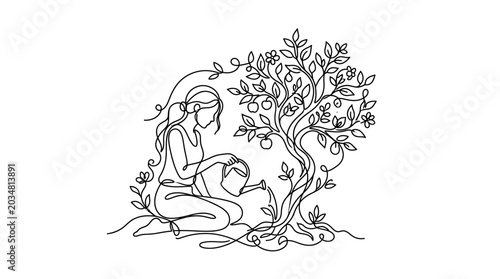 Woman Watering Tree: Line Art Illustration, Nature and Growth