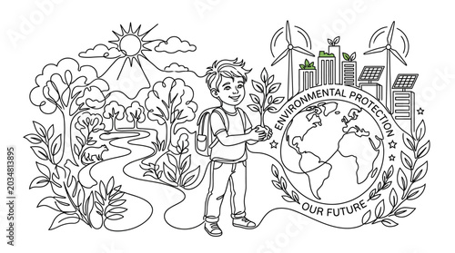 Young boy planting tree for sustainable environment concept