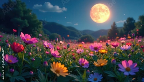 Moonlit meadow, luminous pollen dusting flowers , dreamlike, pollen