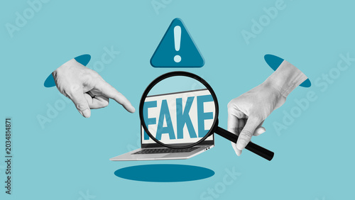 Фотография Fake news detection concept with magnifying glass over laptop screen, misinforma