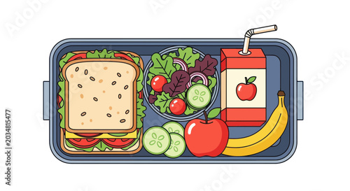 Fotografía Healthy Lunchbox with Sandwich, Salad, Fruit, and Juice