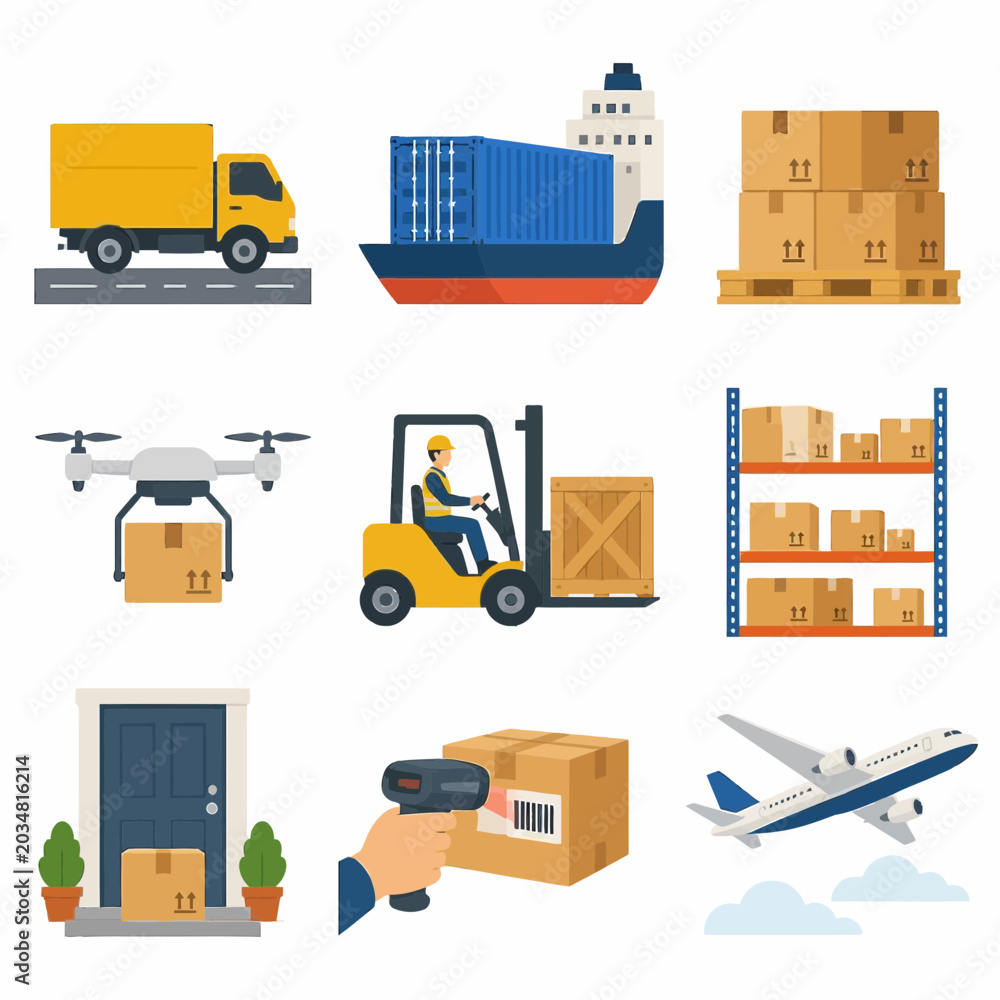 Naklejka premium Set of logistics and global shipping icons including a delivery truck, cargo ship, stacked cardboard boxes on pallet, drone, forklift, warehouse shelving, and barcode scanner.