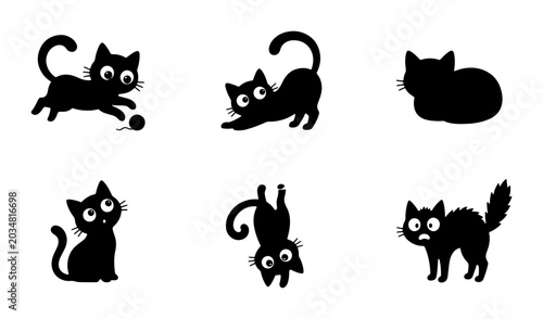 Foto Playful Black Cat Silhouettes, Cute Feline Poses Vector Set, Whimsical Kitten Ex