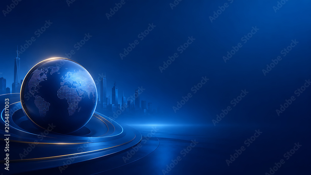 Fototapeta premium Global Business Communication and Technology Advancement on a Blue Futuristic Background