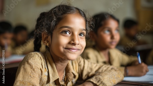 Young indian girl smiling while learning at her school desk in a classroom setting