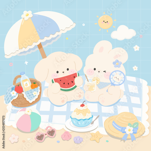 Summer Beach Picnic Puppy and Bunny Characters
