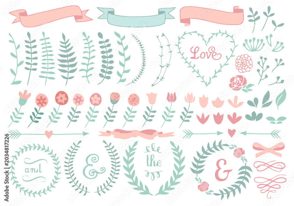 Obraz premium Hand Drawn Floral Wedding Elements Set in Pastel Colors
