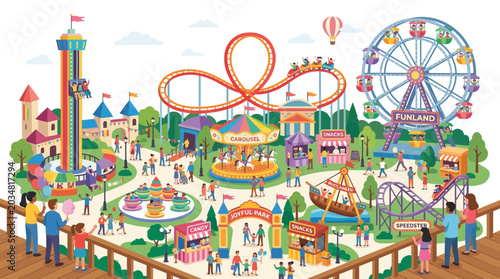 Fotografía Amusement Park Scene with Rides, People, and Attractions