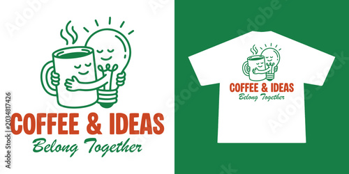 Canvas Print A creative and wholesome graphic design featuring a cute cartoon coffee cup hugging a lightbulb mascot, symbolizing inspiration and energy