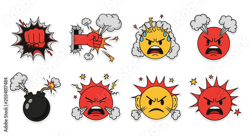 Obraz na płótnie Angry Faces and Fist Punching Comics Style Vector Set