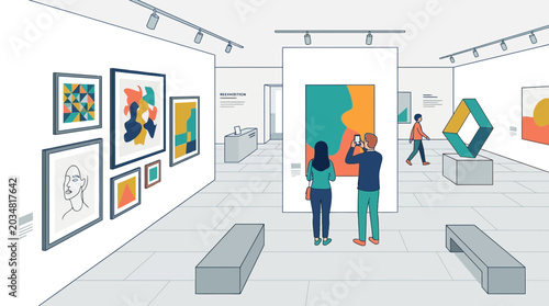 Foto Art Gallery Exhibition: People Admiring Modern Abstract Paintings and Sculptures