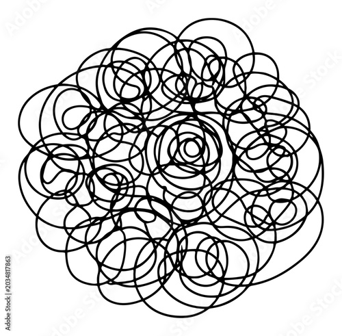 Фотография Tangle of messy lines forming a chaotic ball in continuous scribble style