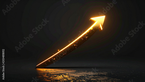 Golden arrow pointing up on dark surface with glowing light