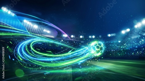 A soccer ball with neon green and blue streaks on a soccer field at night