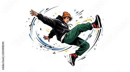 Photography Breakdancer Performing Dynamic Freestyle Move on White Background
