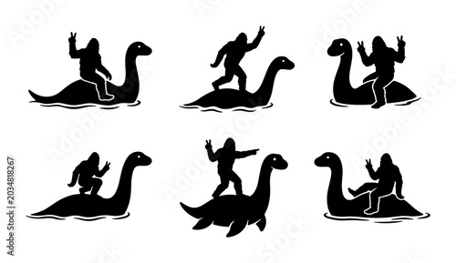 Schilderij op canvas Bigfoot Riding Loch Ness Monster Silhouettes, Cryptid Pair Fun Vector Icons, Myt
