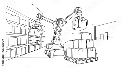 Robotic arm stacking boxes in warehouse in continuous line art style