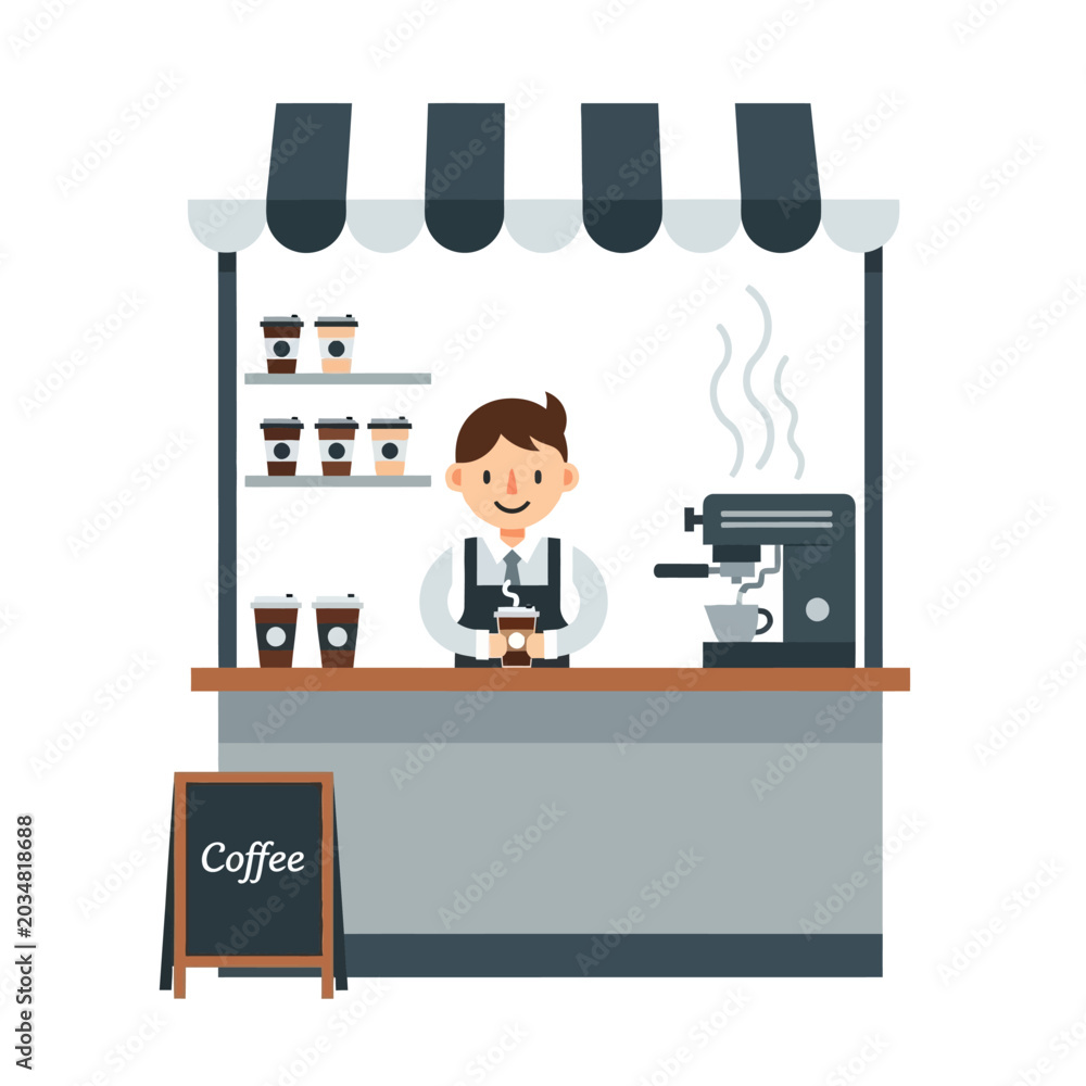 Fototapeta premium Barista at Coffee Kiosk: Vector Illustration of Coffee Shop