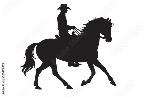 Quadro su tela Cowboy riding horse silhouette, western equestrian rider on stallion vector, bla