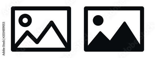 Image placeholder icon set, linear and filled mountain landscape style