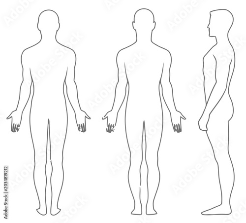 Male human body silhouettes in front and side views, medical anatomy