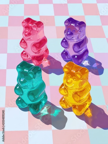 Colorful Gummy Bear Collection on a Playful Checkered Background