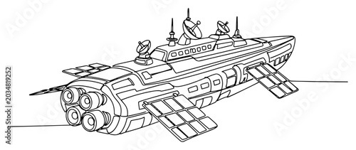 Foto Large futuristic space cruiser with solar panels in continuous line art style