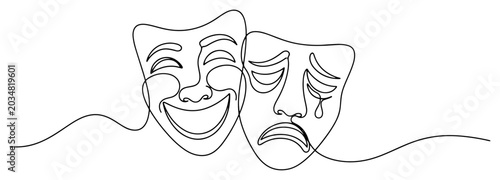 Comedy and tragedy theater masks representing drama in minimalist continuous line art style