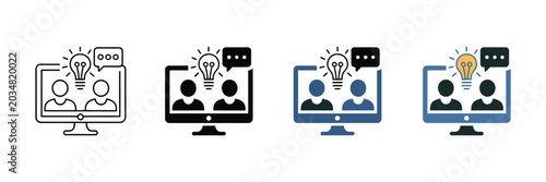 Online brainstorming session icon set, virtual meeting with idea generation and communication concept