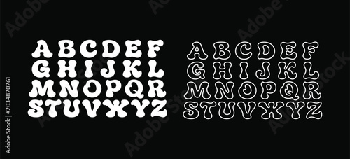 Photography Groovy 70s bubble font alphabet letters az solid and outline versions