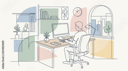 Home Office Line Art: Man Working at Computer, Modern Room, Minimalist Design