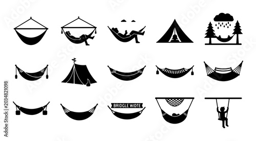 Tableau sur toile Outdoor Recreation Icons: Hammock and Tent Vector Set, Camping and Leisure Graph