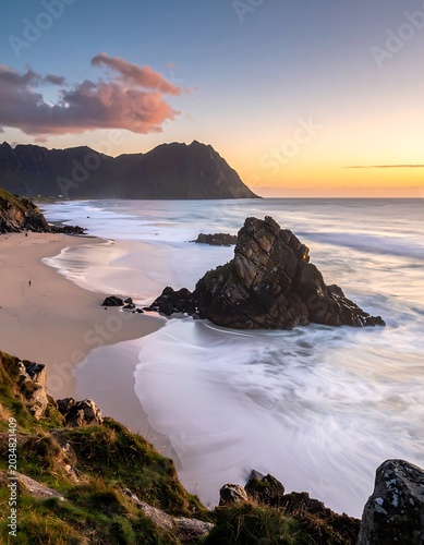 A serene beach scene at sunset with a large rock formation