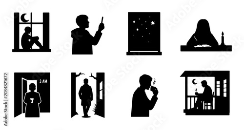 Photos Silhouette Icons: Solitude, Reflection, and Nighttime Activities, Vector Set