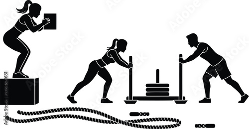 Bild auf Leinwand Black silhouette of athletes doing functional fitness training with battle ropes