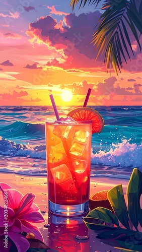A serene beach scene with a cocktail at sunset