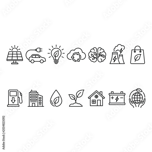 Bild auf Leinwand Green Energy and Ecology Sustainability Line Icons Set for Environmental Conserv