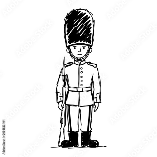 Obraz na plátně British royal guard wearing bearskin hat and holding rifle in doodle line art st