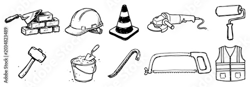Construction tools and safety equipment collection in hand drawn doodle style