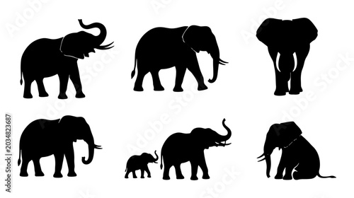 Photos Set of Black Elephant Silhouettes, Diverse Poses, Vector Graphics for Wildlife a