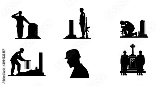 Photos Military Memorial Silhouettes, Soldier Remembrance Icons, Funeral Service Vector