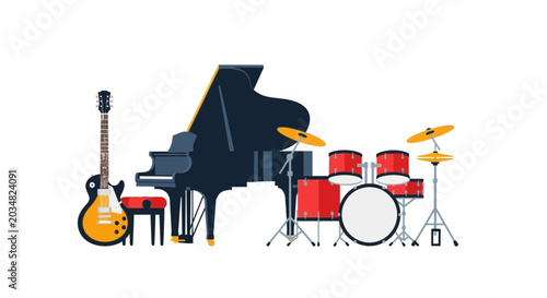 Картината върху платно Grand Piano, Electric Guitar, and Drum Set - Music Instruments