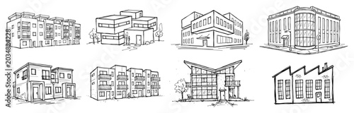 Modern architectural building collection with various residential and office structures in line art style