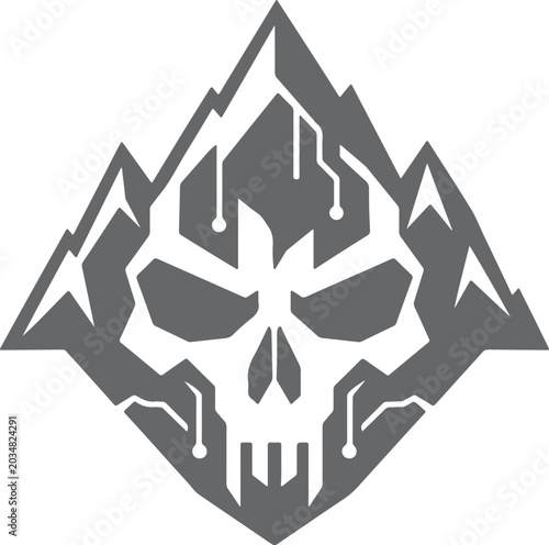 Dark grey skull logo with mountain range and circuit board design