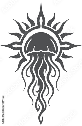 Black silhouette jellyfish with sunburst design tribal style vector illustration