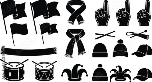 Εκτύπωση καμβά Black and white sports fan including flags, hands, hats, and musical instruments